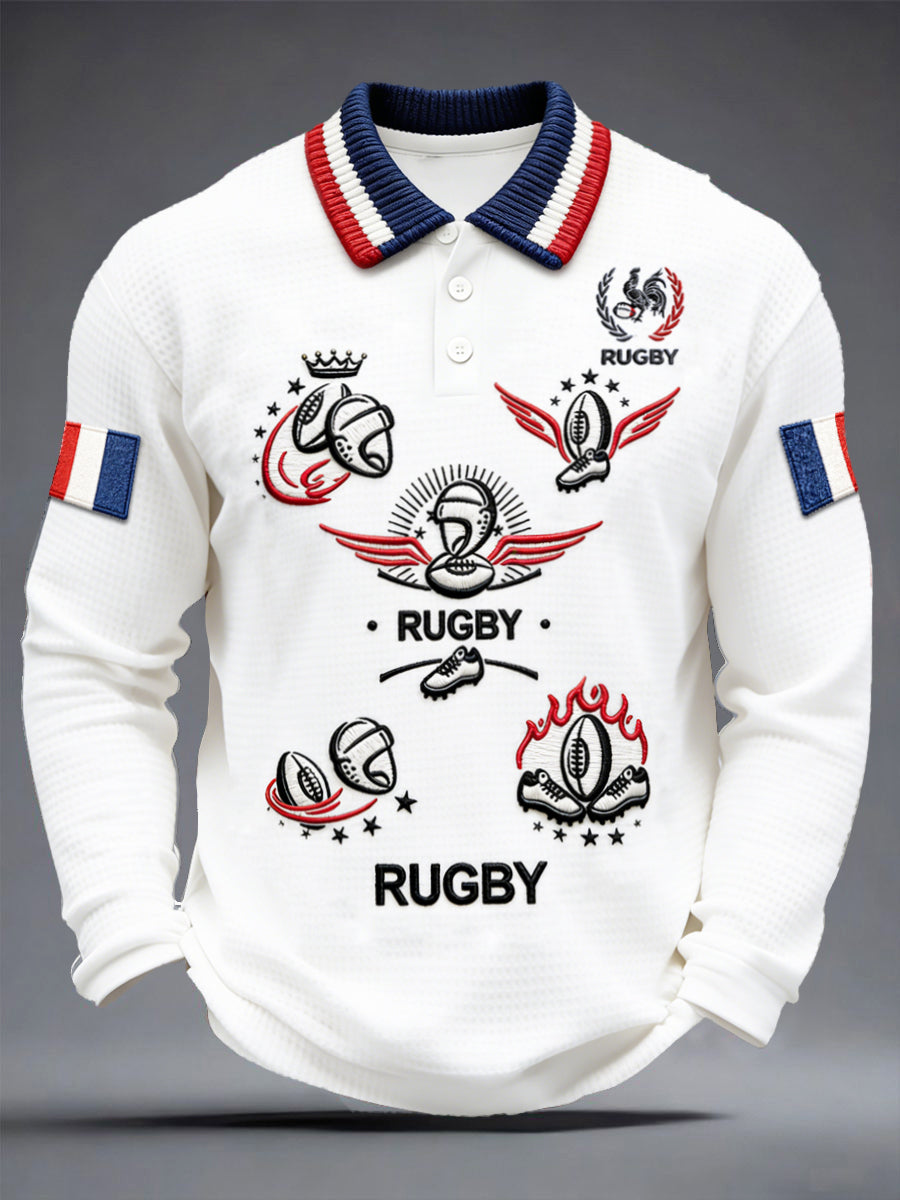 Polo manches longues pour homme, coupe décontractée, en tissu gaufre, motif rugby français
