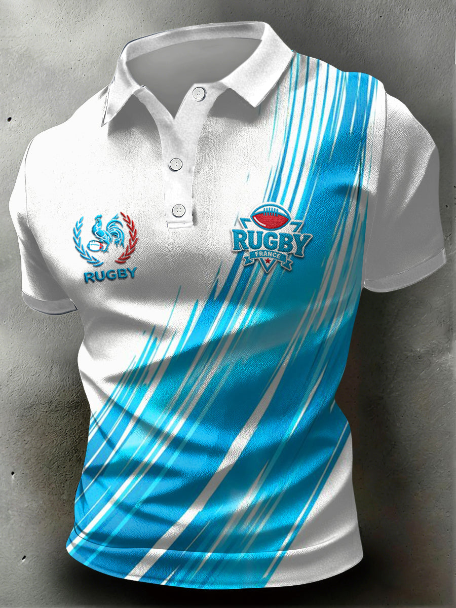 Polo décontracté bleu imprimé pour hommes, style rugby français