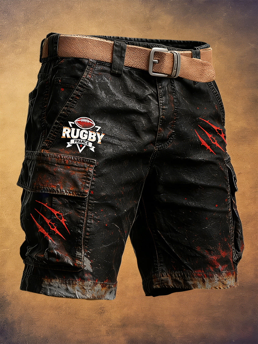 Shorts de travail décontractés pour homme, noirs, imprimé rétro rugby français