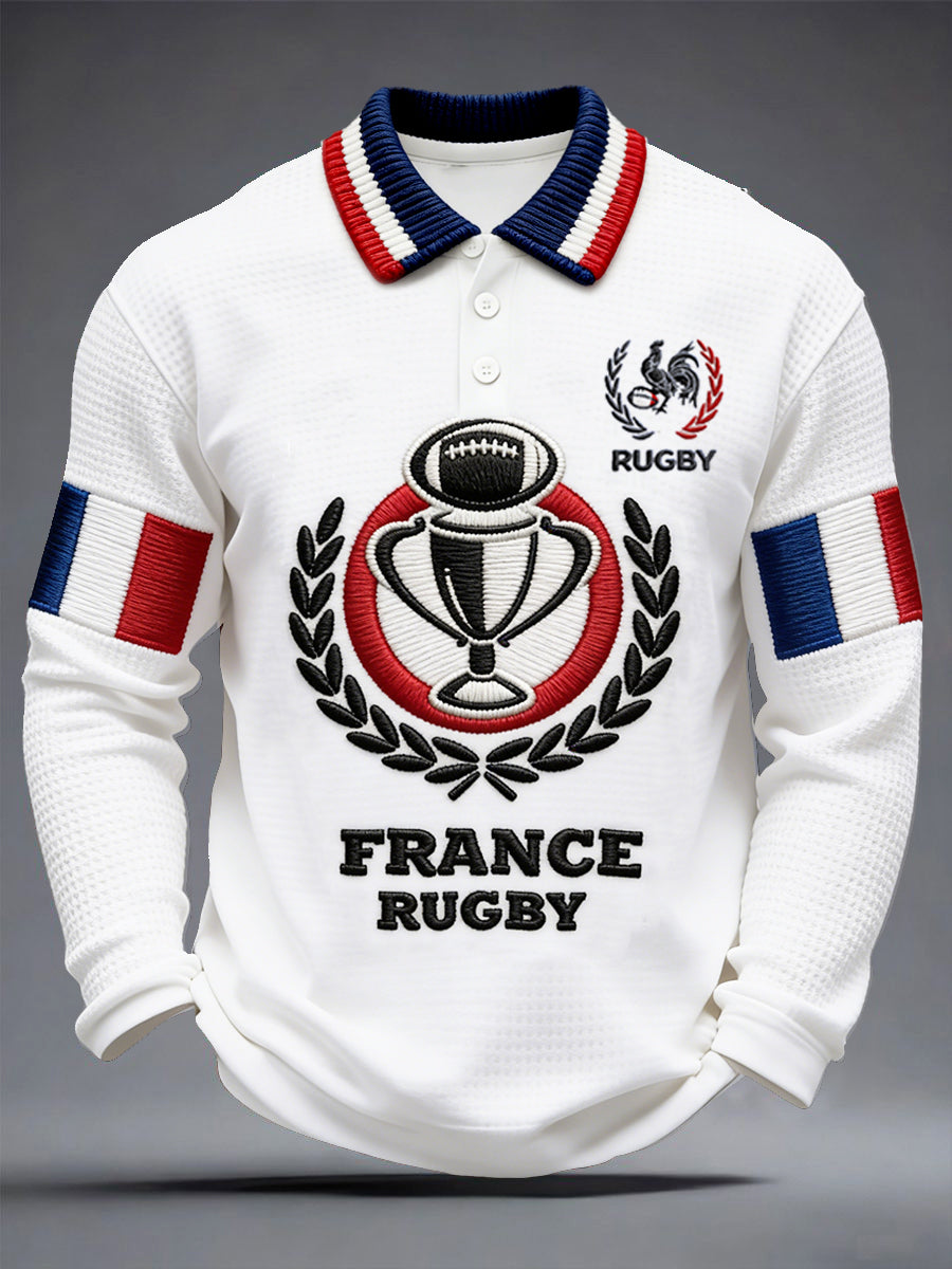 Polo blanc à manches longues décontracté pour homme, en tissu gaufre, imprimé rugby français