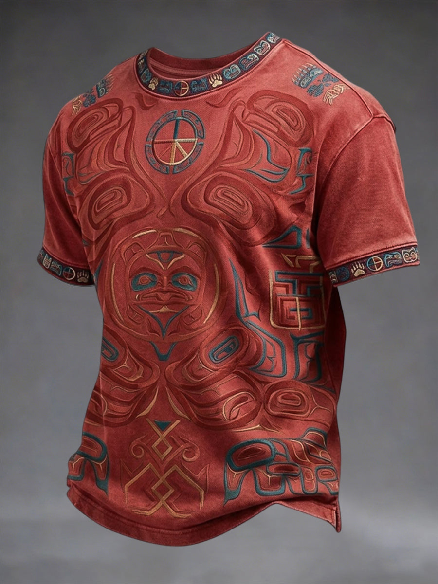 Retro Indigenous Totem Texture Art Casual T-Shirt