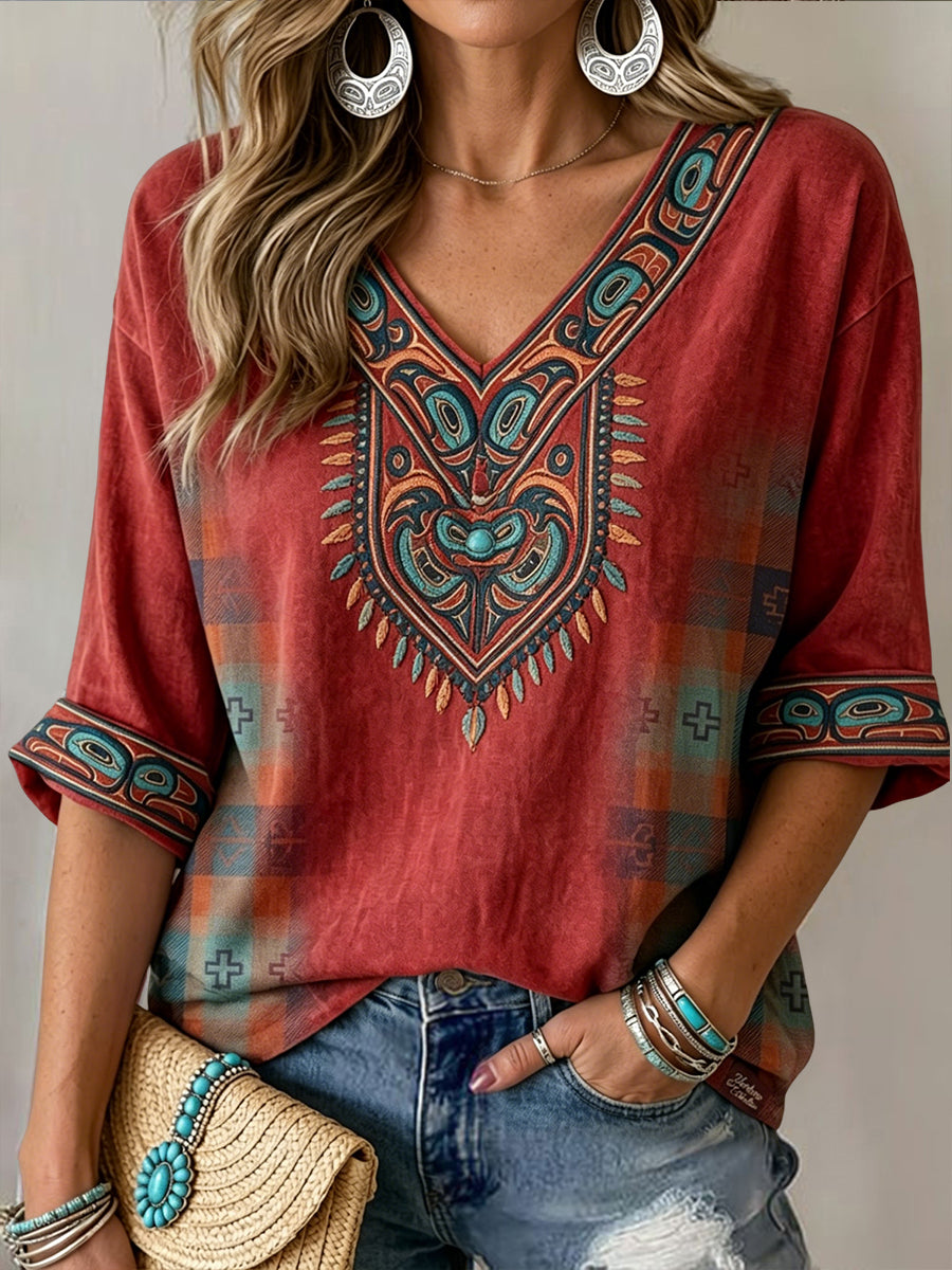 Women's Retro Indigenous Totem & Plaid Gradient Artistic Casual T-Shirt