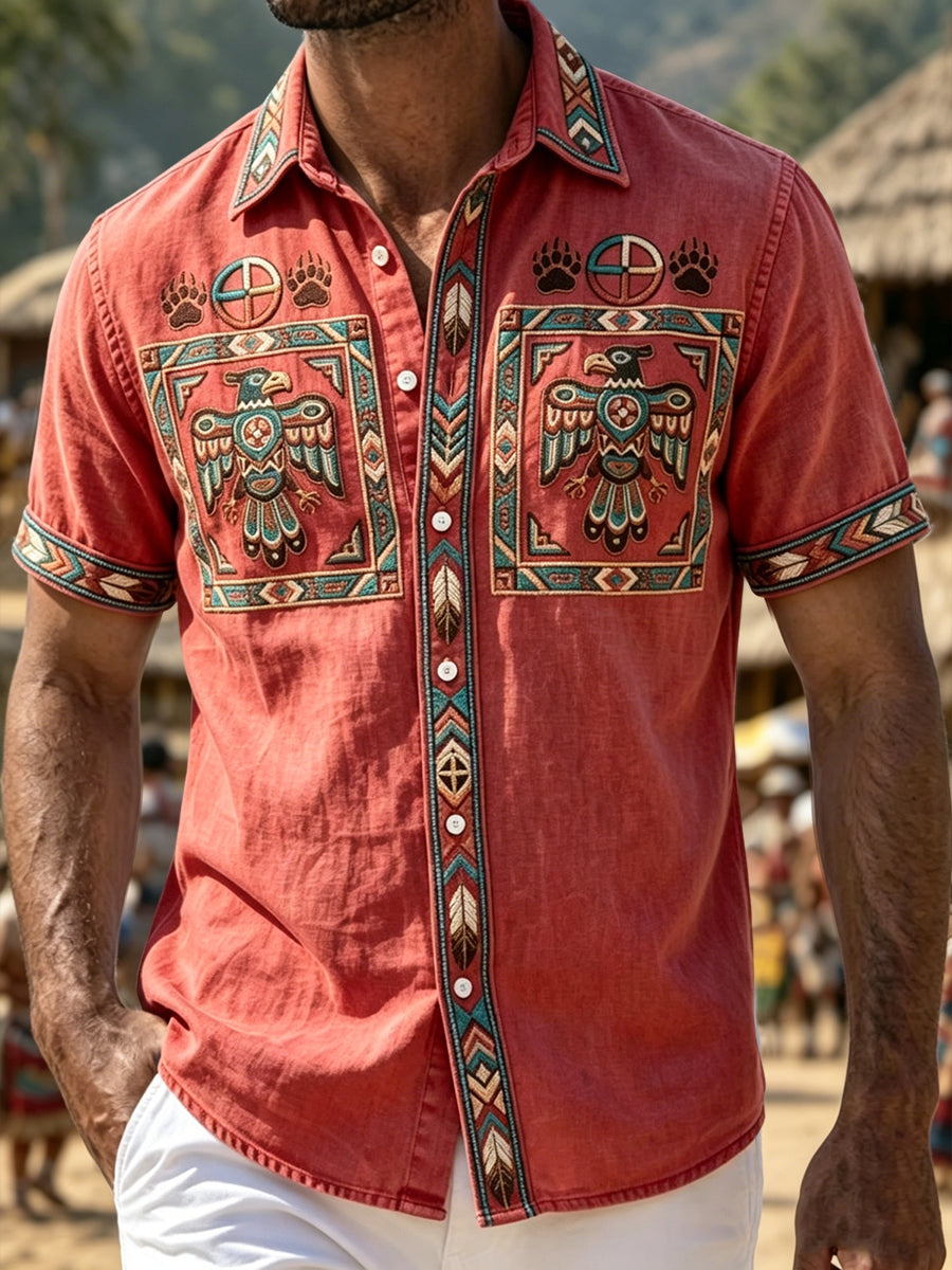 Men's Vintage Native American Geometric Eagle Print Casual Shirt