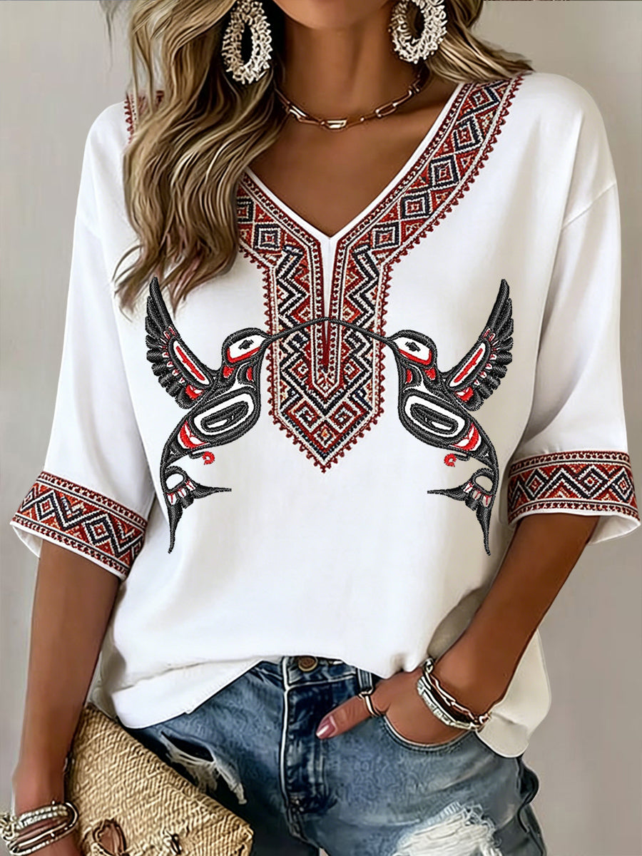 Women's Retro Indigenous Hummingbird Totem Art Casual V-Neck T-Shirt