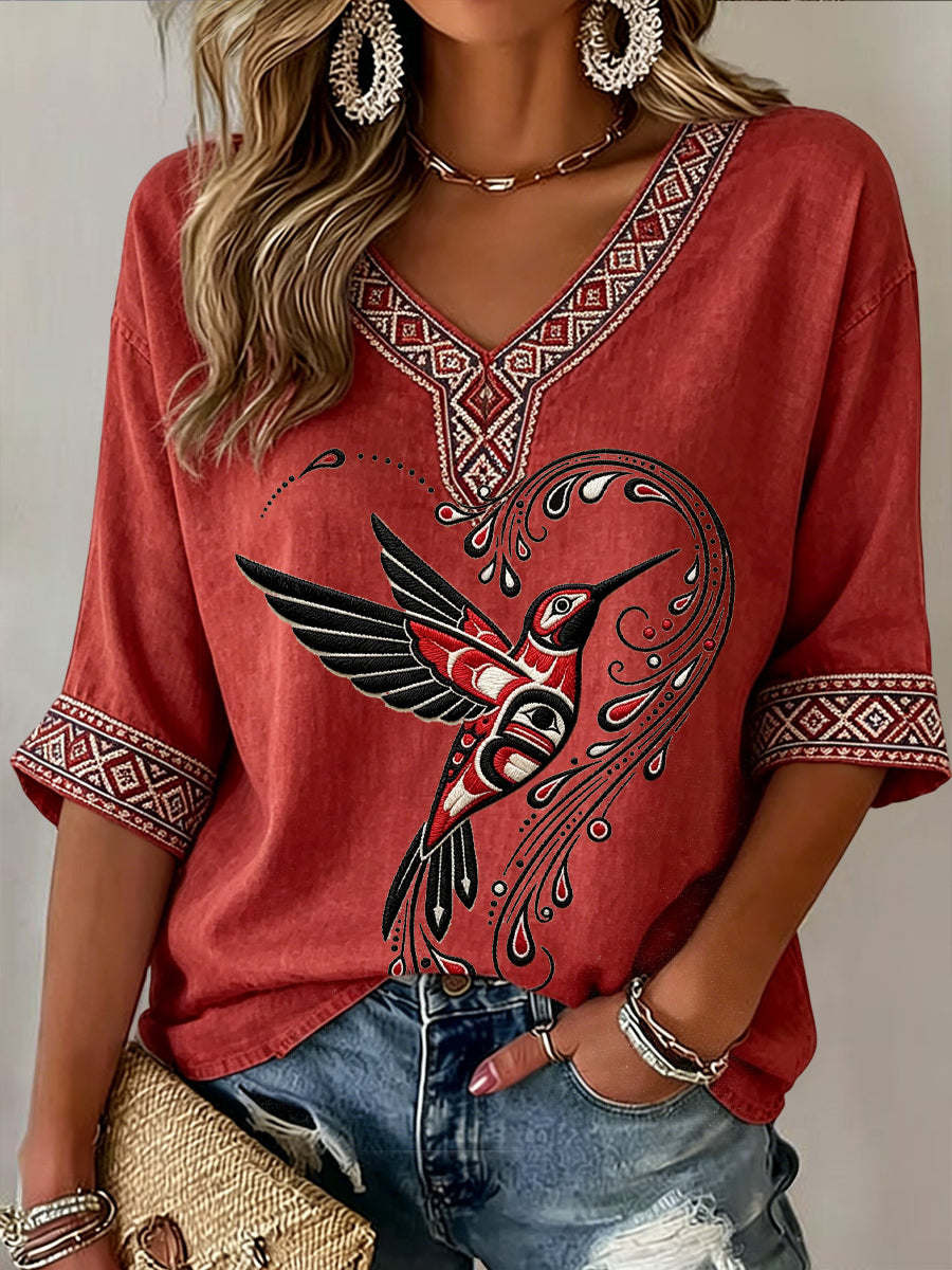 Women's Retro Native American Hummingbird Print Casual V-Neck T-Shirt