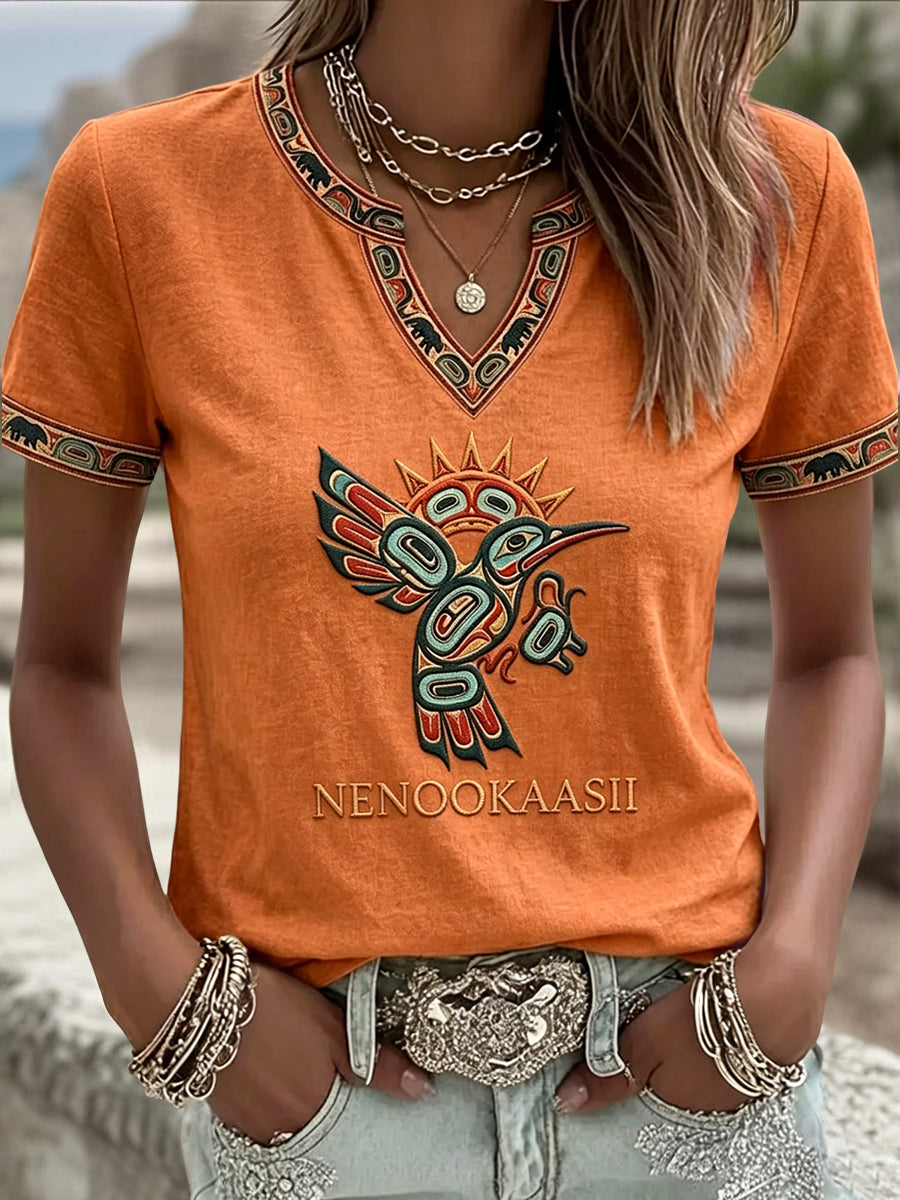 Women's Vintage Native American Thunderbird Totem Casual V-Neck T-Shirt