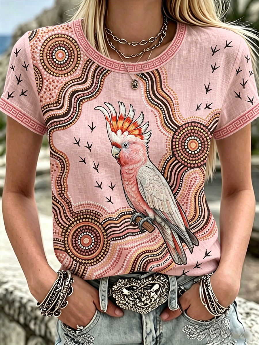 Women's Australia Cockatoo Aboriginal Art Linen Short Sleeves Top