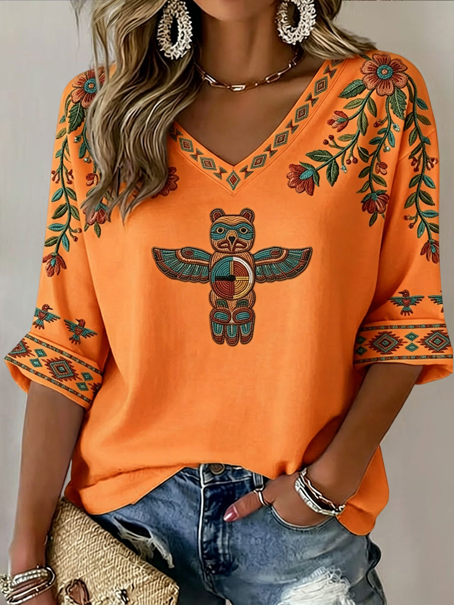 Women's Vintage Native American Floral Print Casual T-Shirt