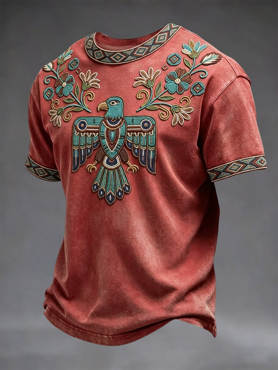 Vintage Native American Floral and Bird Motif Casual T-Shirt