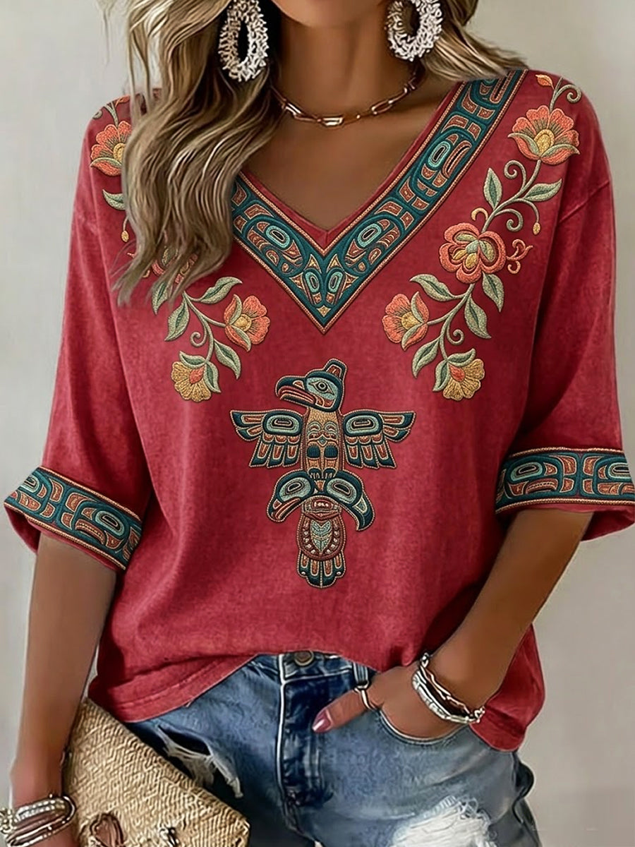 Women's Retro Native American Raven Floral Print Casual T-Shirt