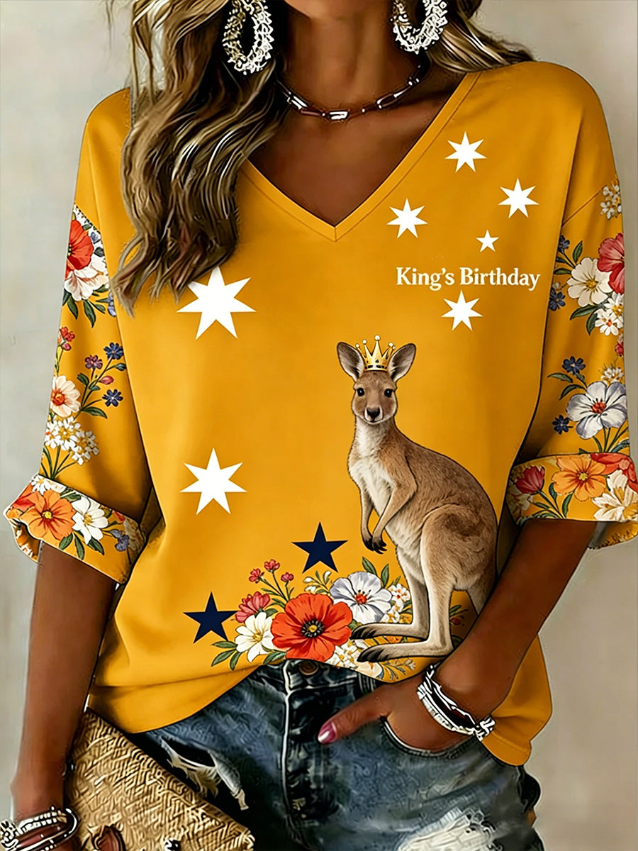 Women's Retro Australian Flag Art "King's Birthday" Print Casual Waffle Top