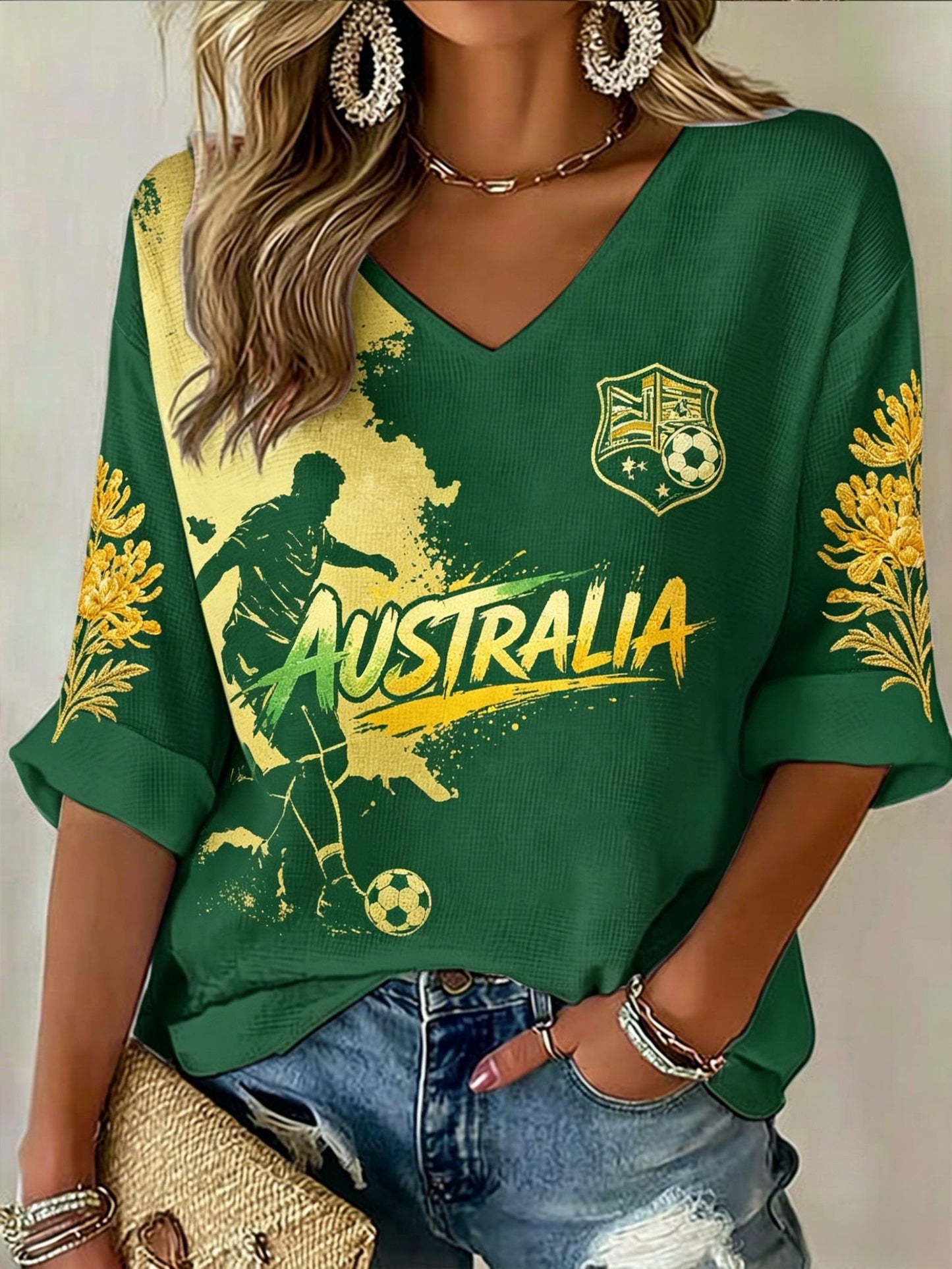 Women's Australia Football Lover Art Printed V-Neck T-Shirt