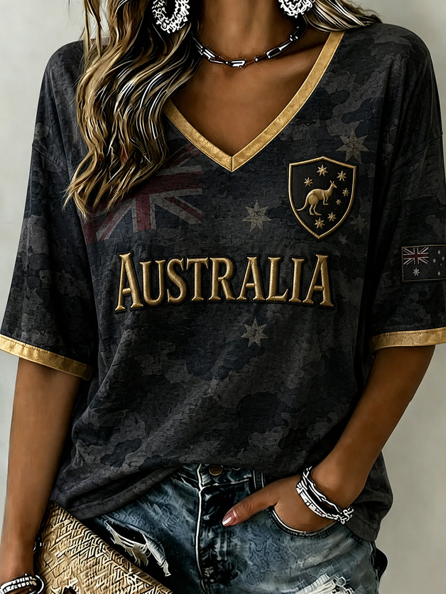 Women'sAustralian Football Embroidery Pattern Linen V-Neck Shirt
