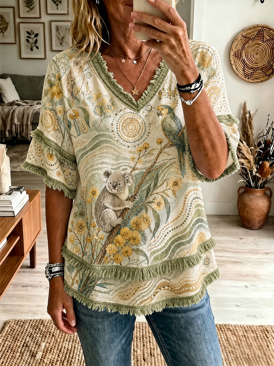 Women's Australian Aboriginal Culture Art Printed Linen Tops