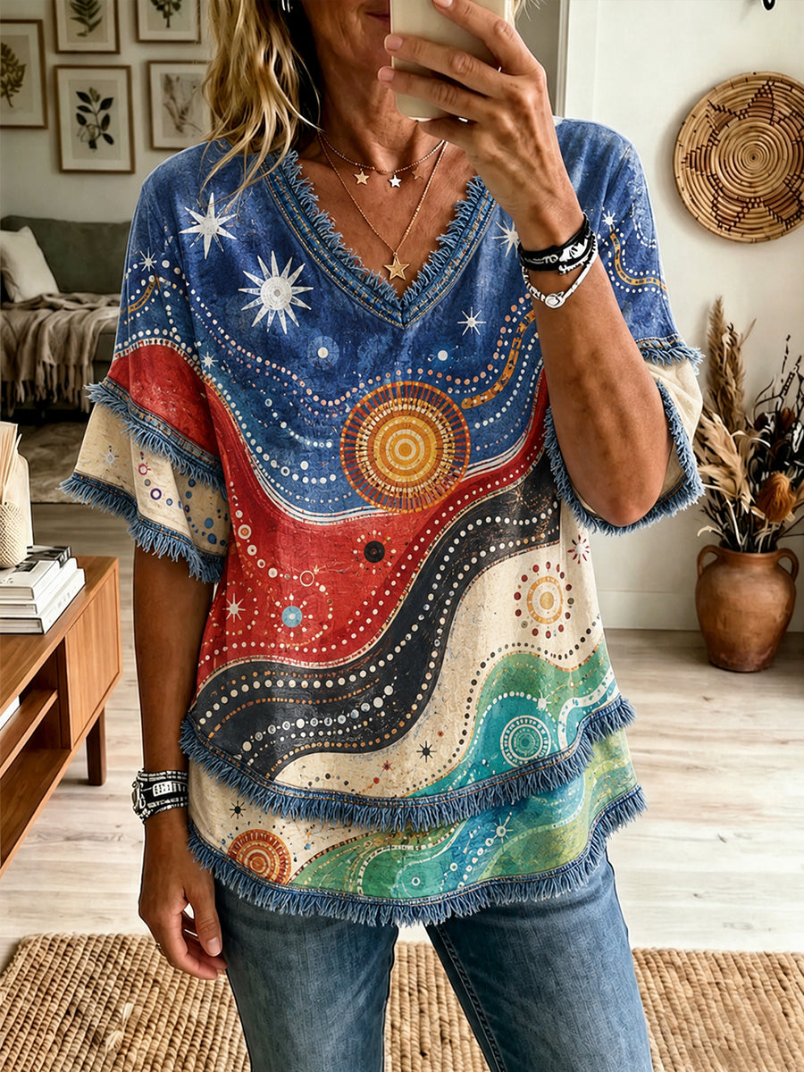 Women's Australian Aboriginal Culture Art Printed Linen Tops