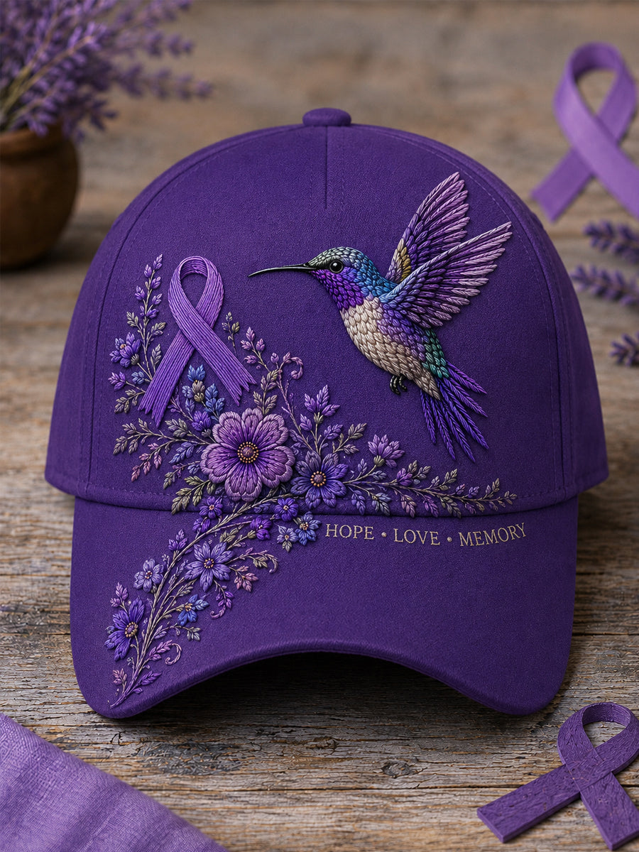 Unisex Purple Floral & Hummingbird Print Alzheimer's Awareness Support Hat