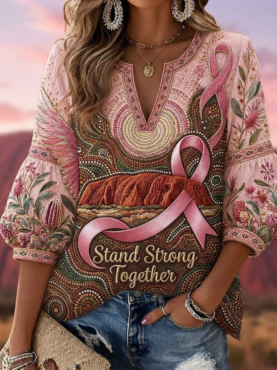 Women's Breast Cancer Awareness Australia Cotton Linen V-neck Top