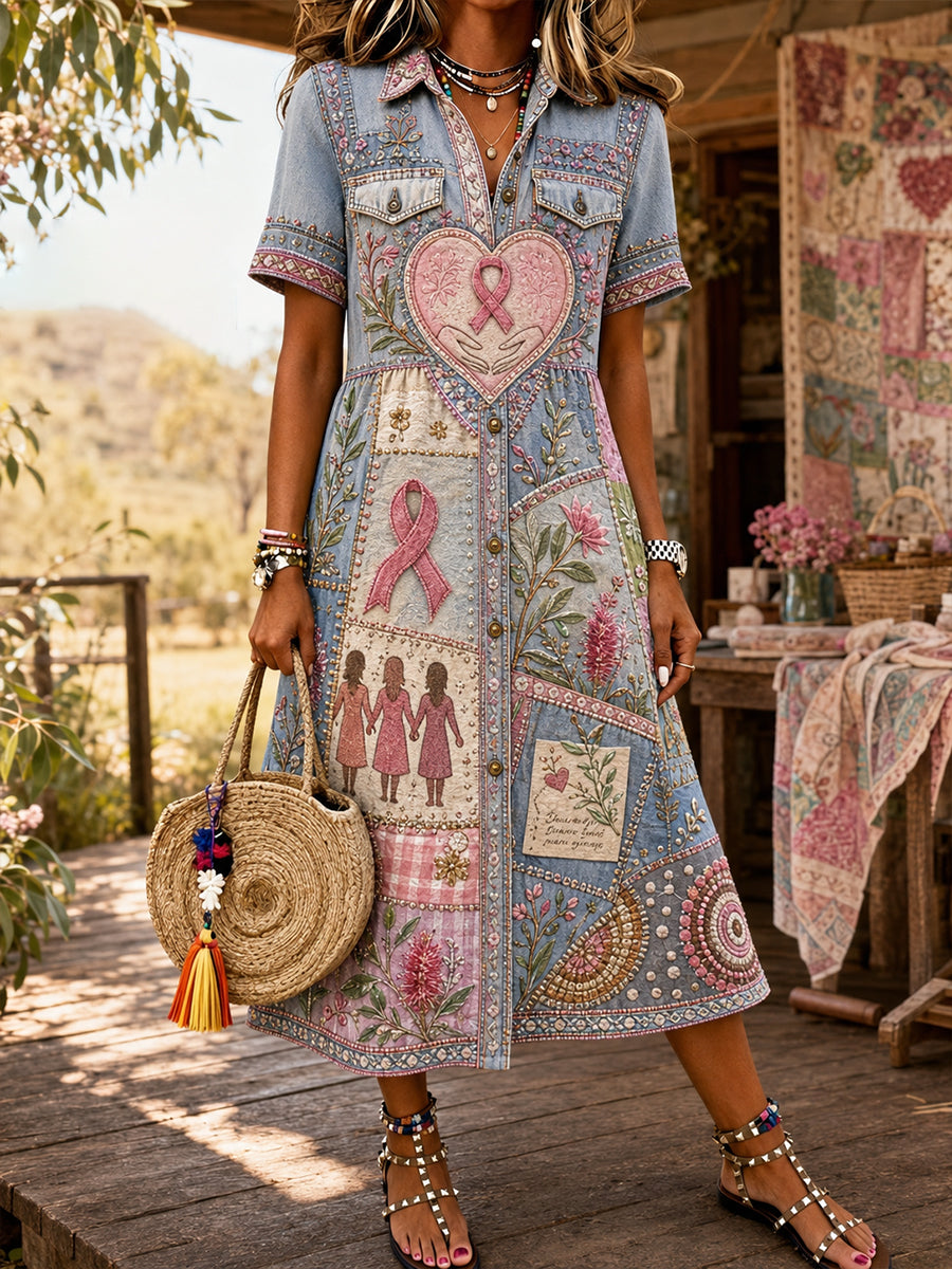 Women's Australia Breast Cancer Awareness Vintage Lapel Pocket Dress