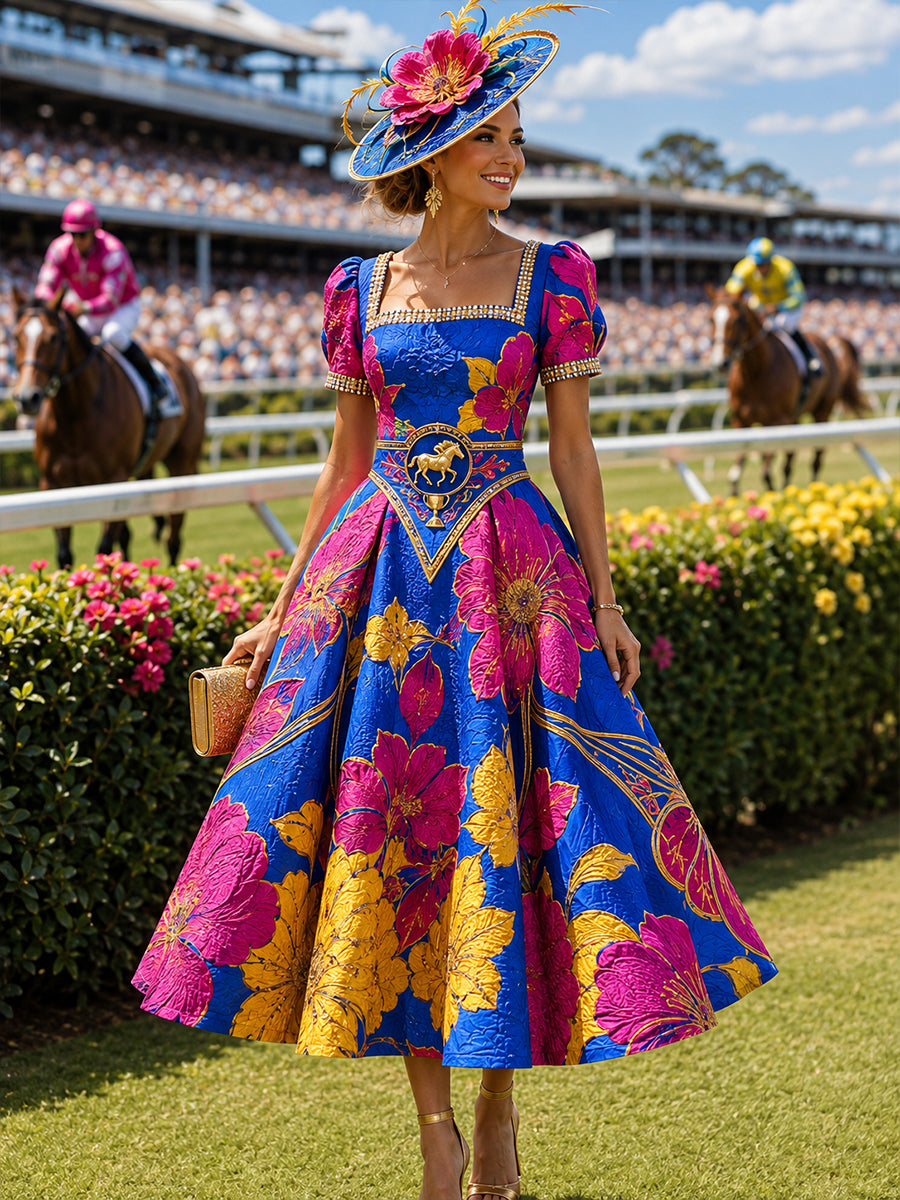 Women's Australian Horse Racing Print V Neck Elegant Midi Dress