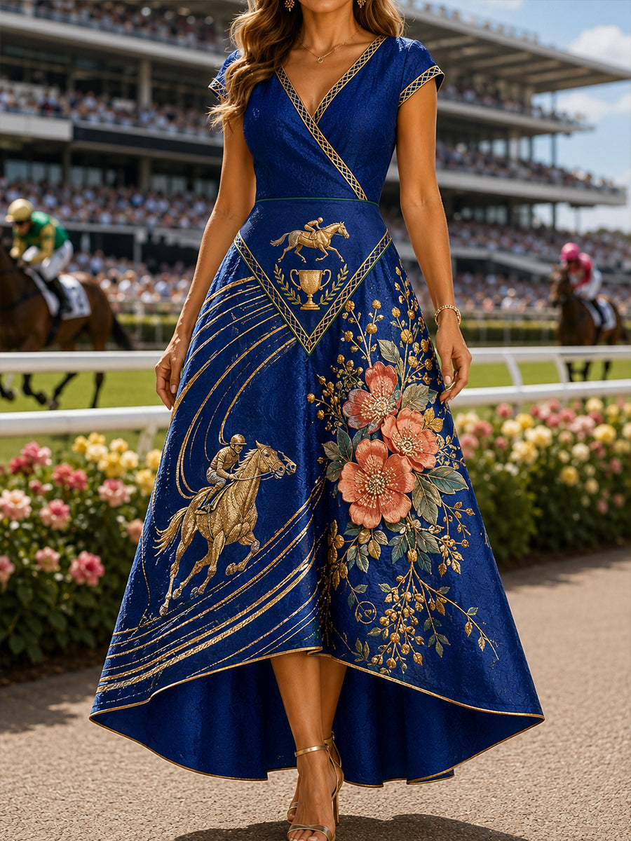 Women's Australian Horse Racing V-Neck Dress