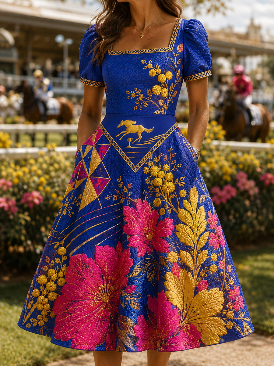 Women's Australian Horse Racing Print V Neck Elegant Midi Dress