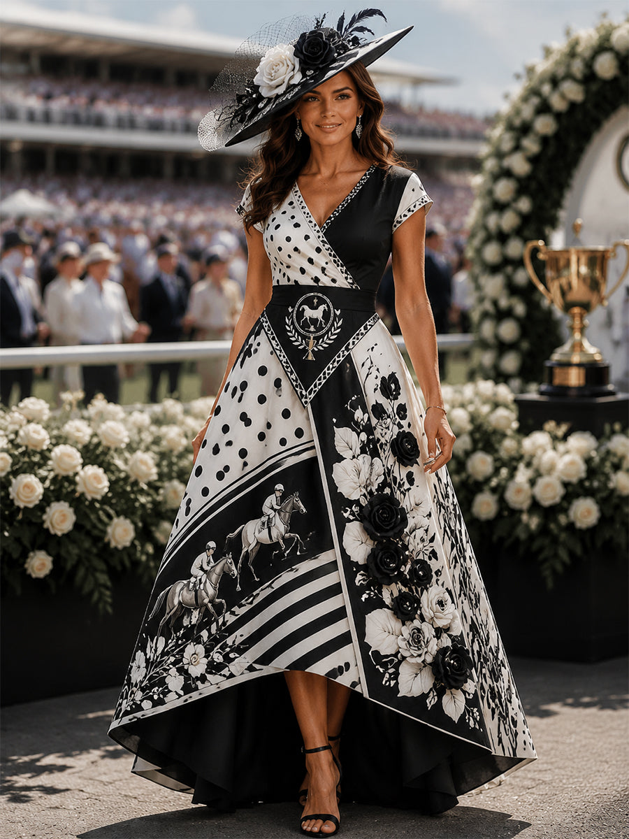 Women's Vintage Melbourne Cup Australian Horse Racing V-Neck Dress