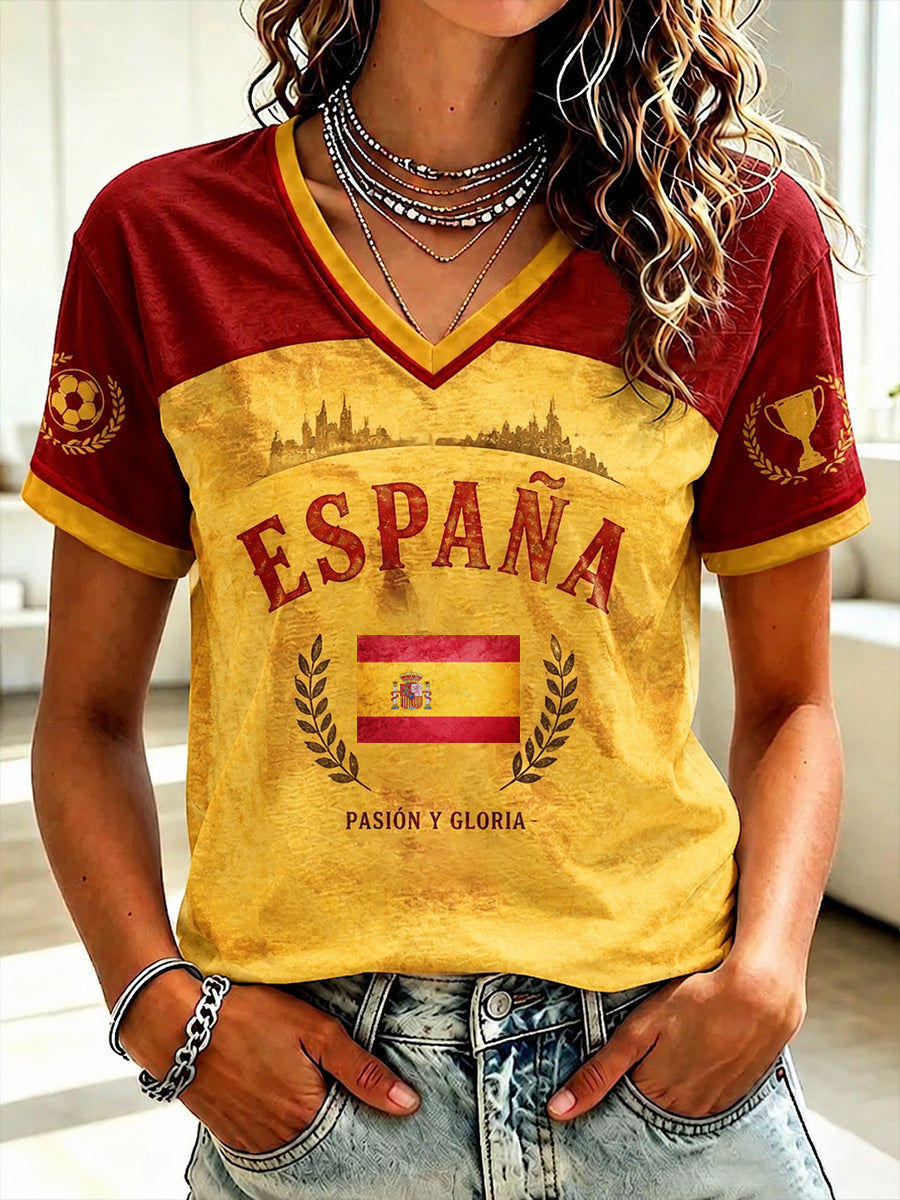 Camiseta de fútbol femenino en español con cuello en V y estampado