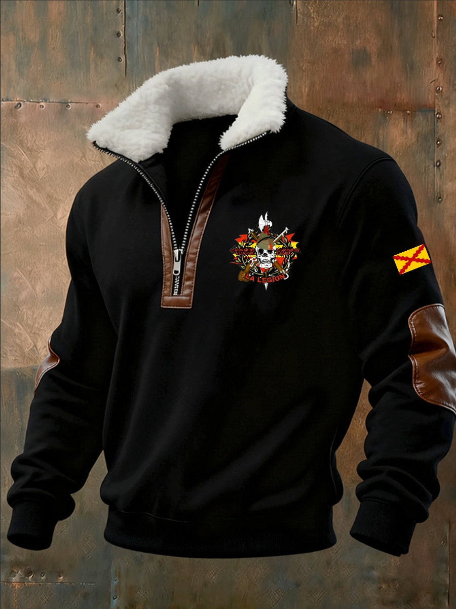 Sudadera retro de moda para hombre, estilo casual, con cierre a media altura y cuello de piel