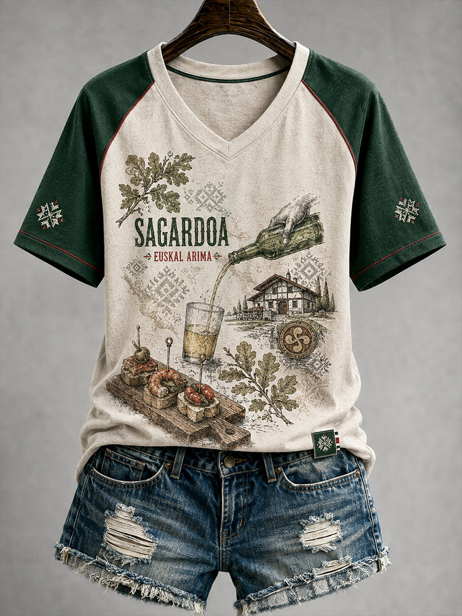 Camiseta de manga corta con cuello en V para mujer, País Vasco, España