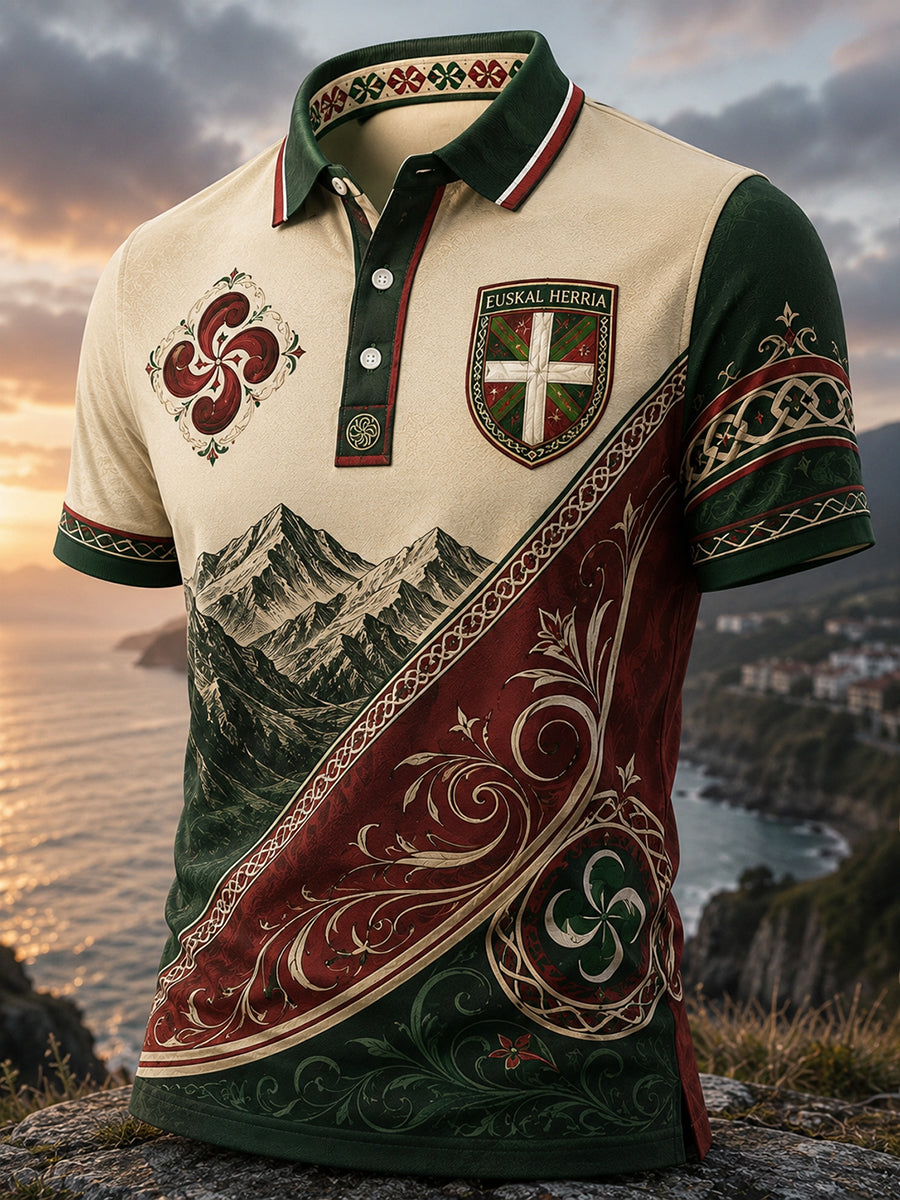 Camisa polo casual con estampado artístico de inspiración vasca española para hombre