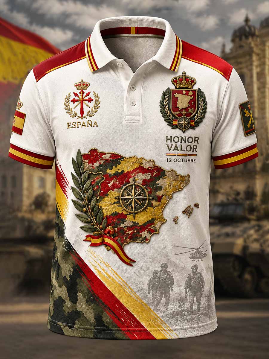 Polo estampado cultural para el Día Nacional de España, estilo masculino
