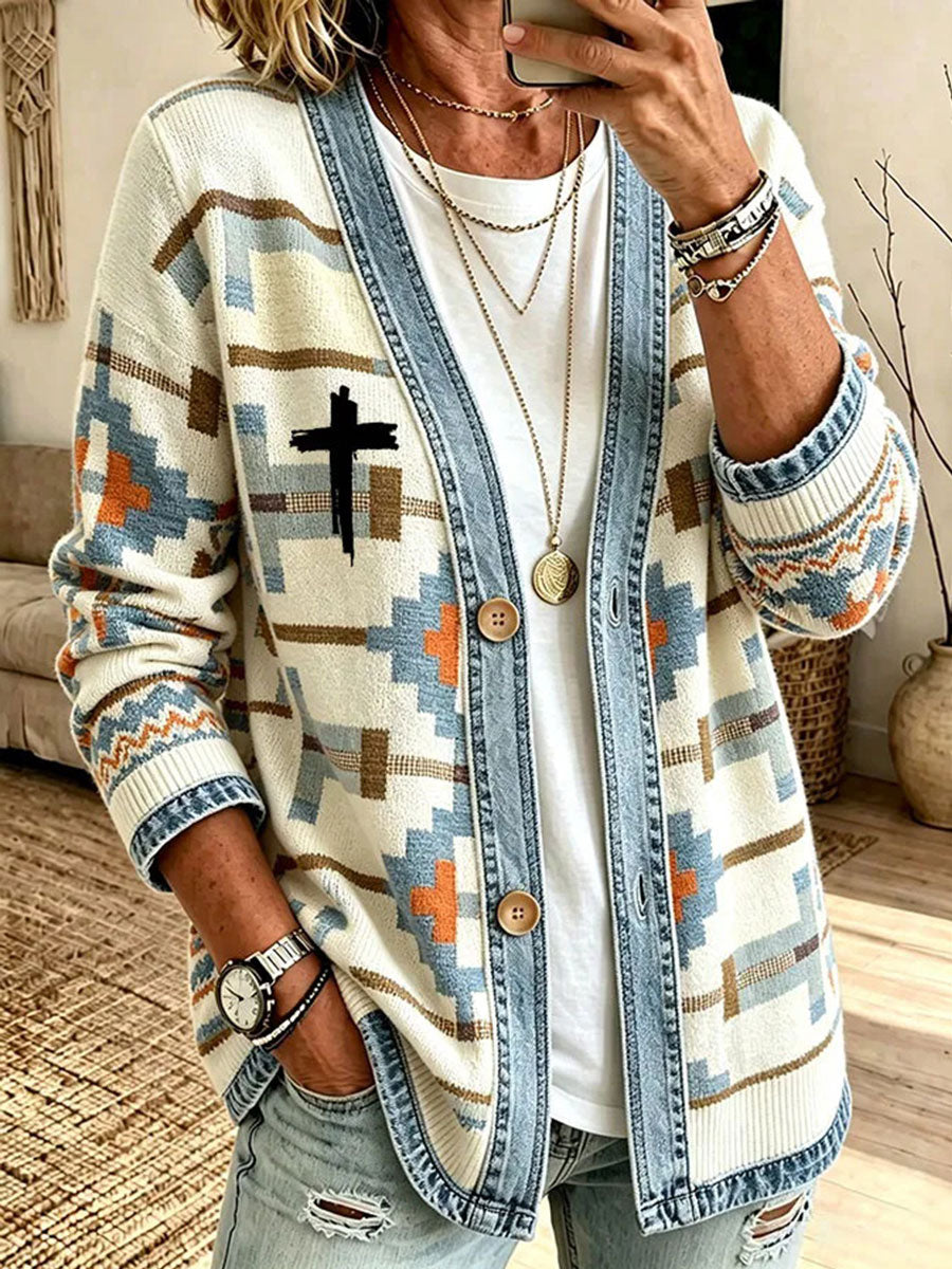 Mujer Arte con temas de la fe Patchwork Cardigan