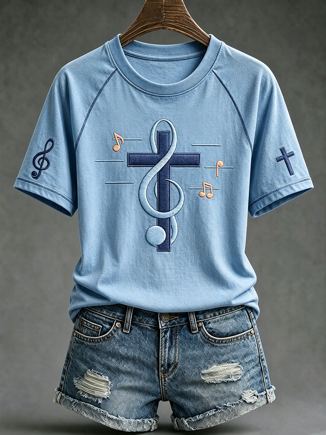 Diseño de patrón de elementos de música de tema de fe de mujer Camiseta de manga corta casual