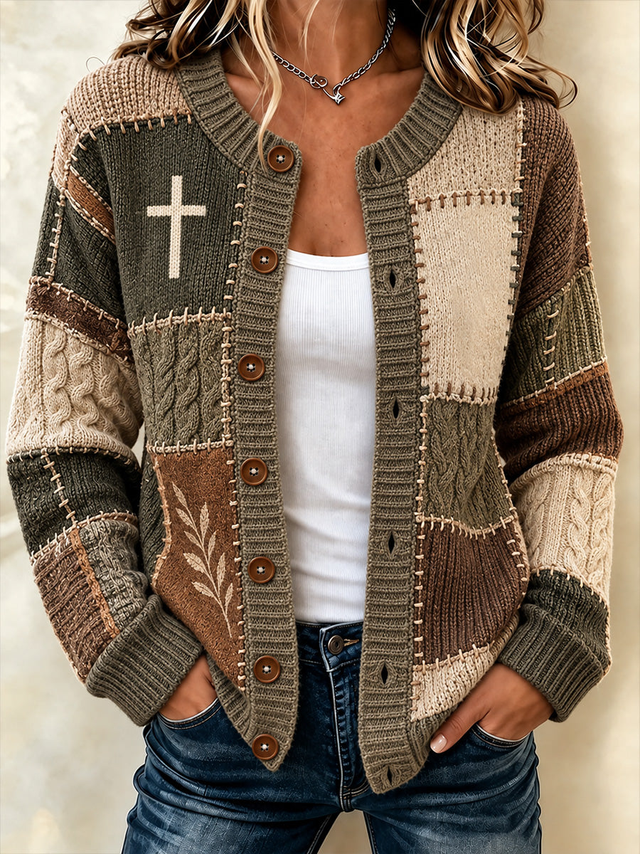 Mujer Christian Art Cross Pattern Print Cardigan
