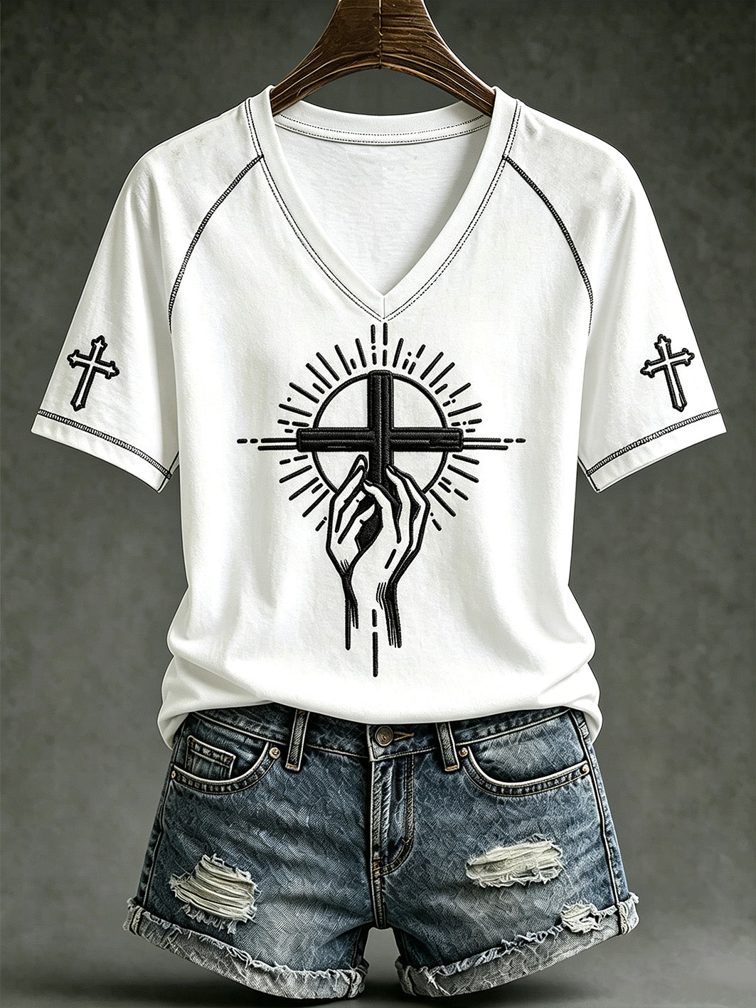 Camiseta casual de manga corta con estampado temático de fe para mujer