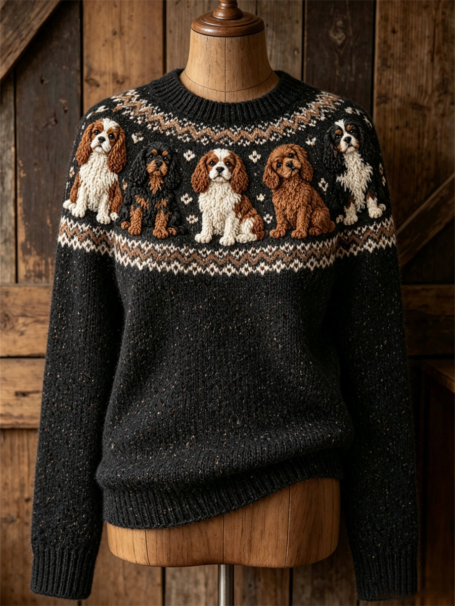 Mujeres Vintage Cavalier Dogs Yoke Isle Print Cozy suéter de cuello redondo