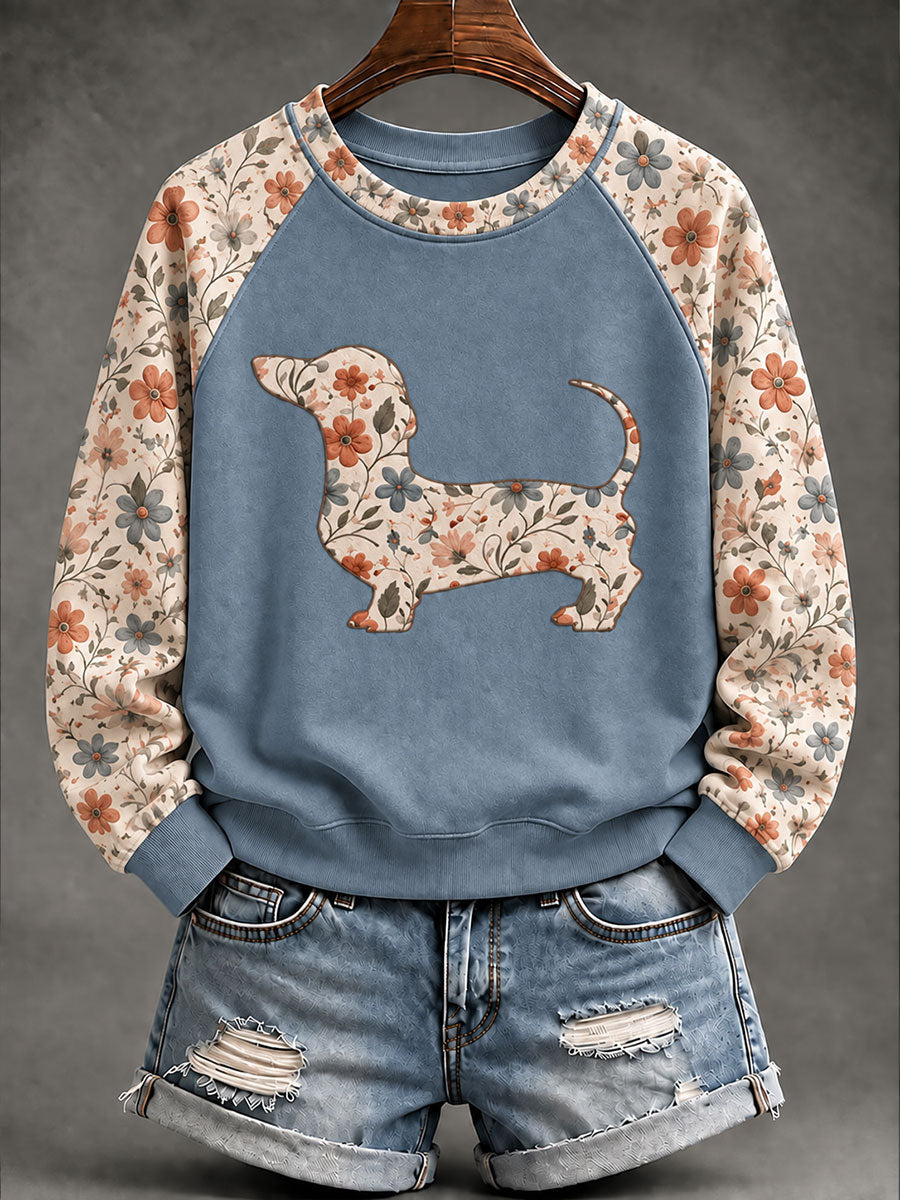 Dachshund Floral Print Casual Raglan Sleeve Sudadera de mujer