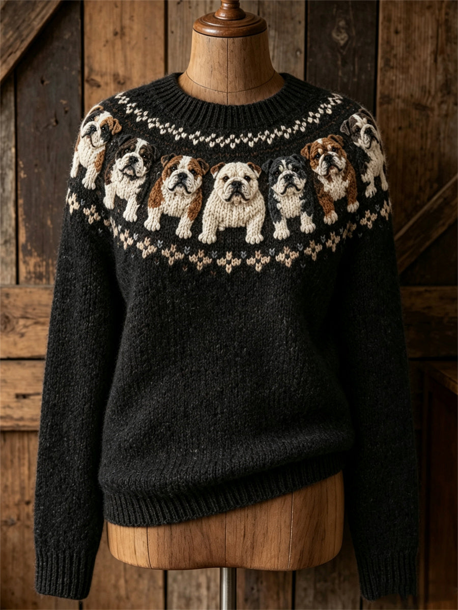 Mujer Vintage Bulldogs Yoke Isle Print suéter de cuello redondo