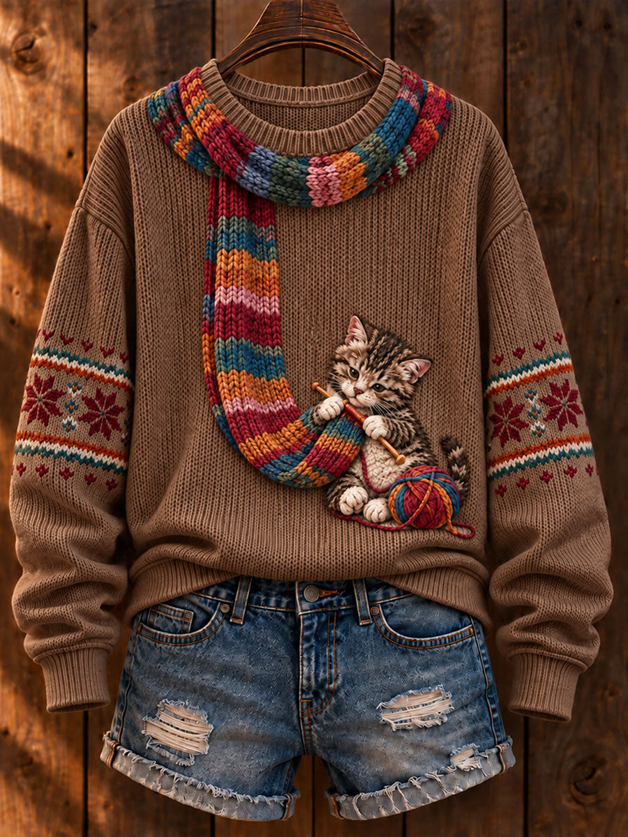 De las mujeres "Gato que hace punto una bufanda" Gato Tabby Art-Print Casual Sweater