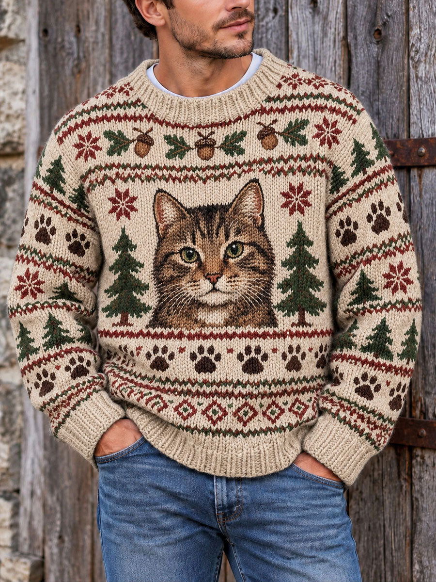 Suéter de punto retro gato de los hombres