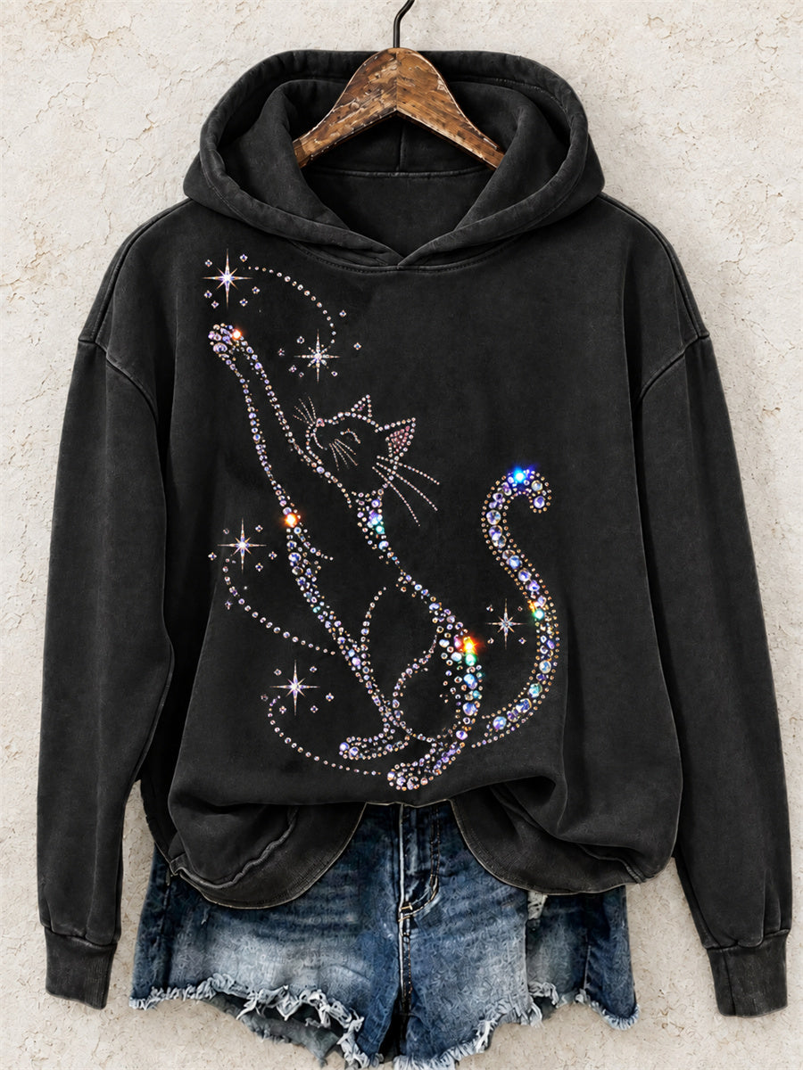 Elegante gato Glitter Rhinestones Art Print Cozy Hoodie de las mujeres