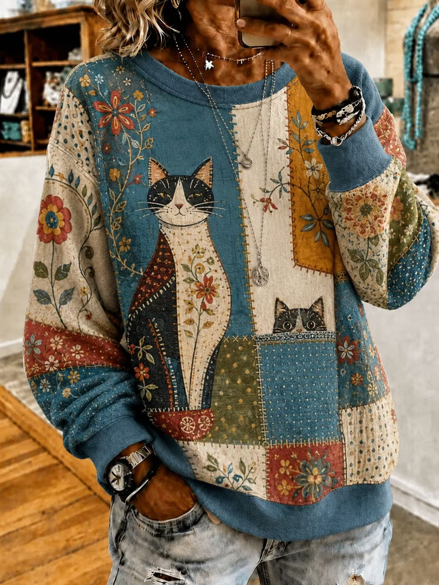 Sudadera regular Cat Floral Art para mujer