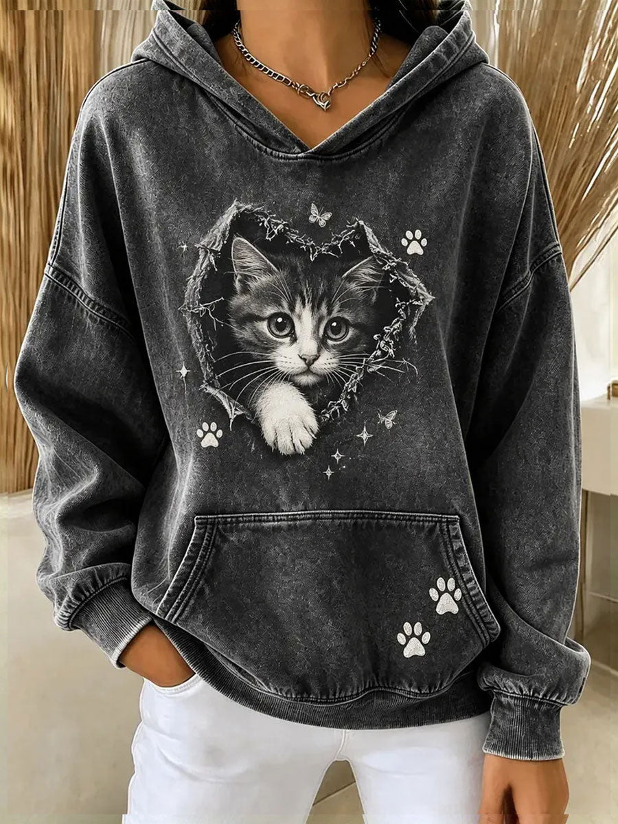Sudadera con capucha casual de mujer Cat Art Print