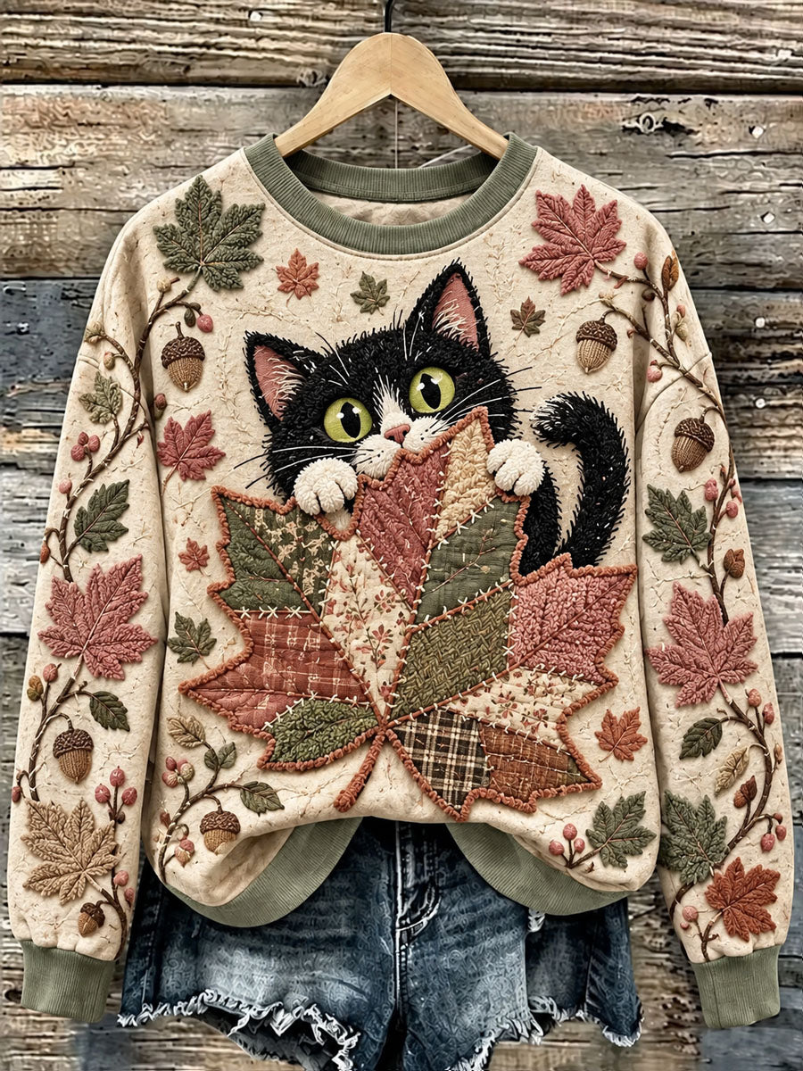 Sudadera casual con estampado de hoja de arce y gato para mujer