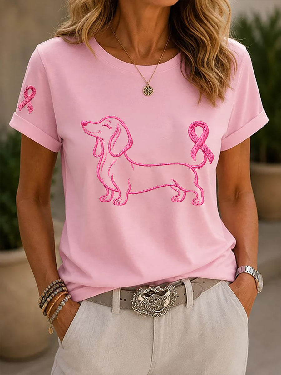 Camiseta casual con estampado de perro de conciencia de cáncer de mama para mujer