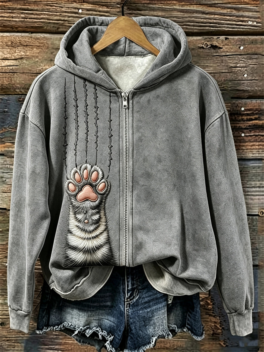 Tabby Cat Fuzzy Paw & Scratches Print Full Zip Hoodie para mujer
