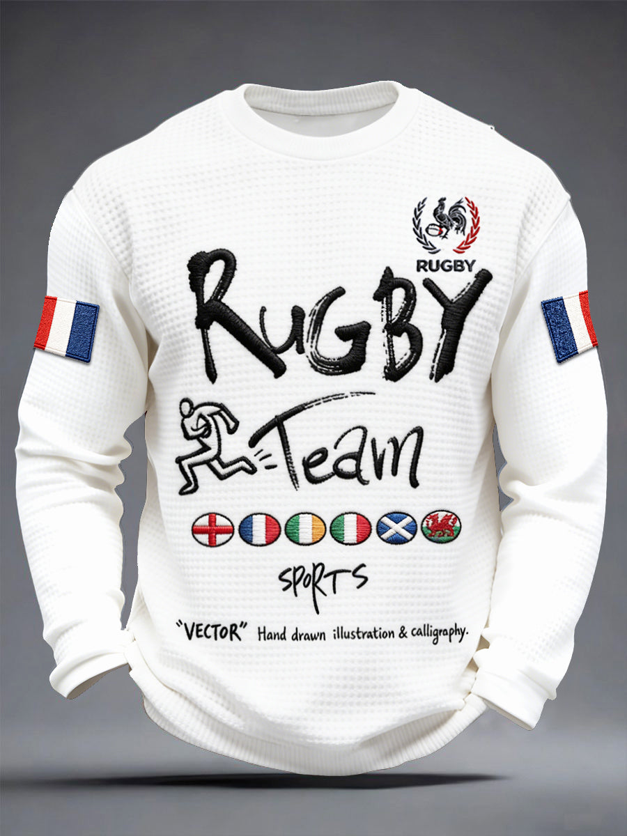T-shirt décontracté manches longues pour homme, en tissu gaufre blanc, imprimé du Tournoi des Six Nations de rugby
