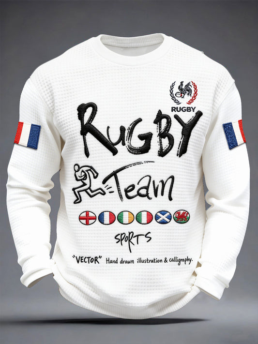 T-shirt décontracté manches longues pour homme, en tissu gaufre blanc, imprimé du Tournoi des Six Nations de rugby