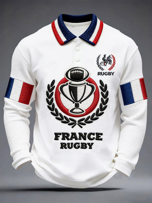 Polo blanc à manches longues décontracté pour homme, en tissu gaufre, imprimé rugby français