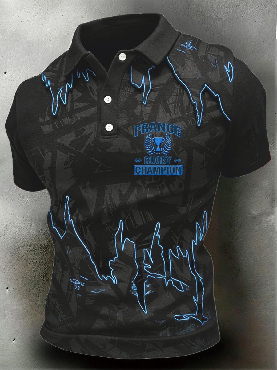 Polo de sport décontracté noir pour hommes, imprimé rugby français